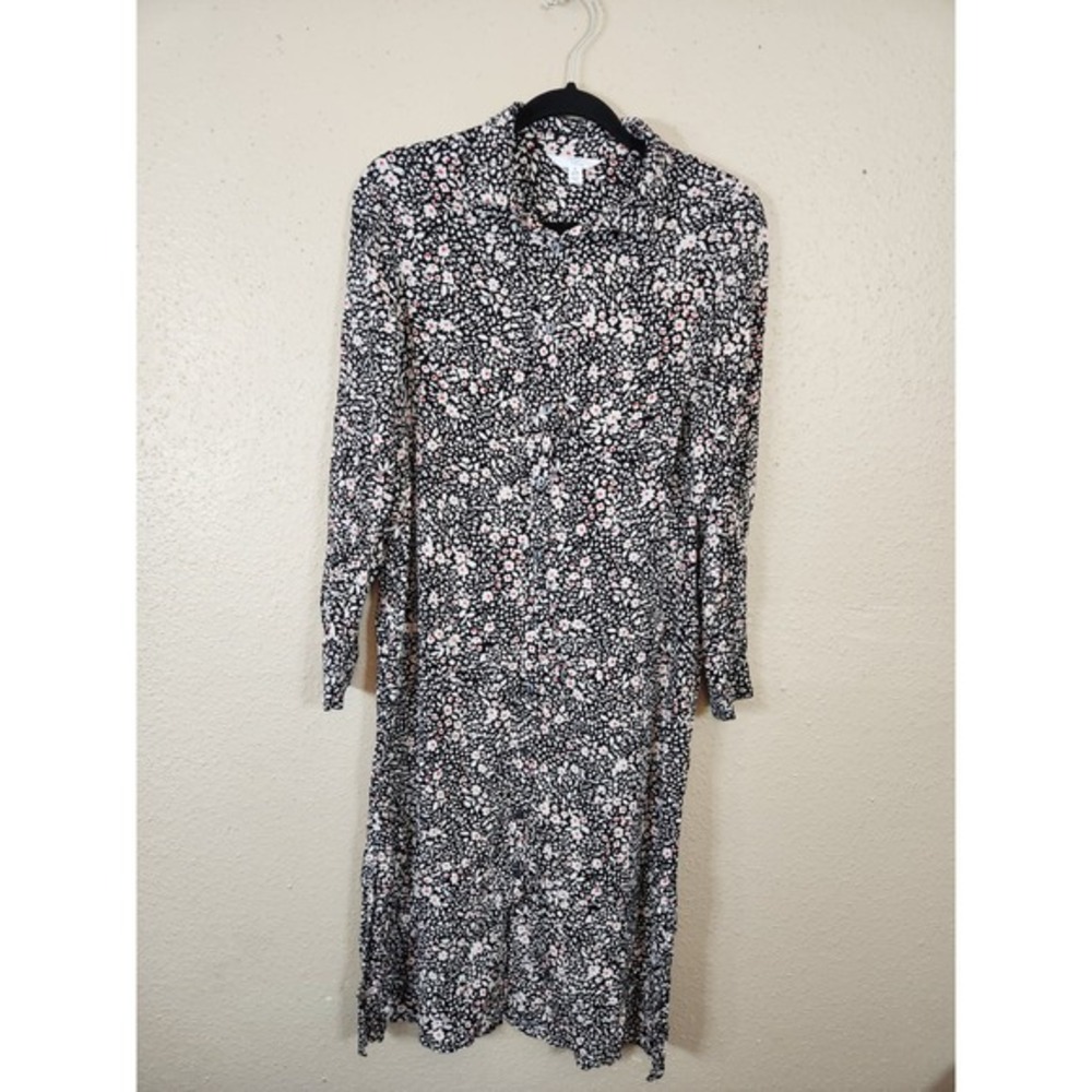 Time and‎ Tru Floral Midi Dress Pockets Long Sleeve Button Front Casual Black S